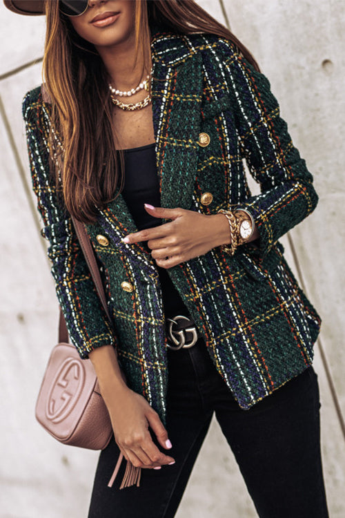 Double Breasted Open Front Plaid Blazer Jacket