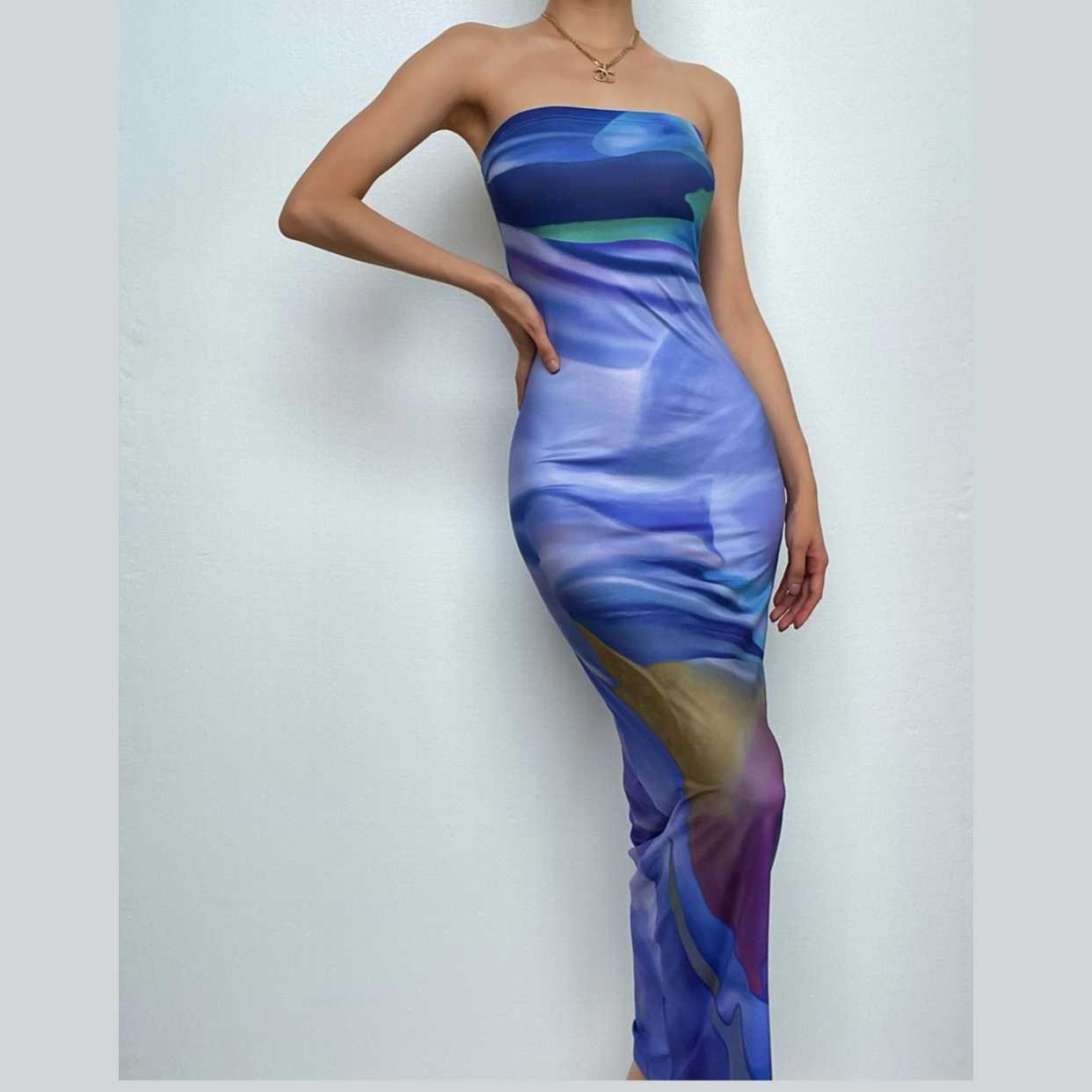 Contrast print backless sleeveless tube maxi dress-final-sale