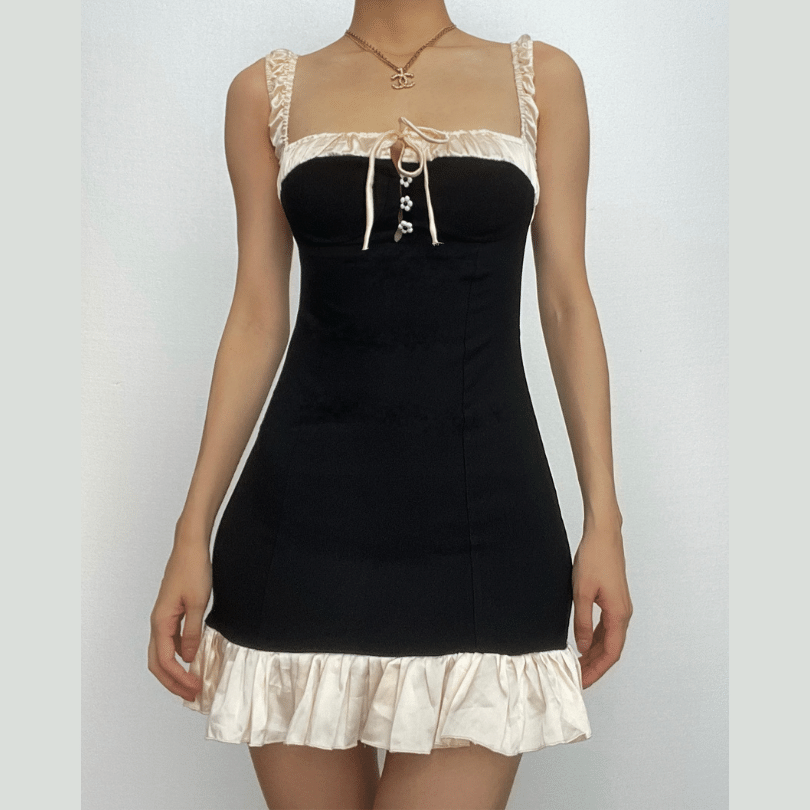 Off Shoulder Contrast Ruffle Trim Daisy Button Bodycon Mini Dress