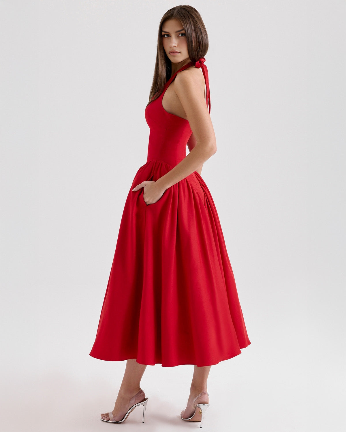 Women's V-Neck Corset Style Midi Dress – Sleeveless Elegant Fitted Tulle Dress