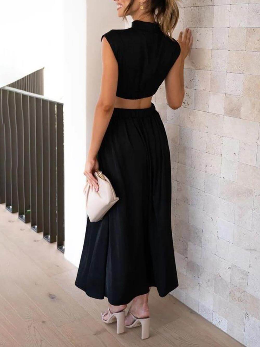 Mock Neck Sleeveless Waist Cutout Pocketed A-Line Midi Dress