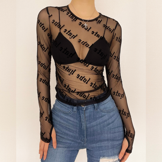 Sheer mesh "hate love" print see through solid long sleeve gloves top