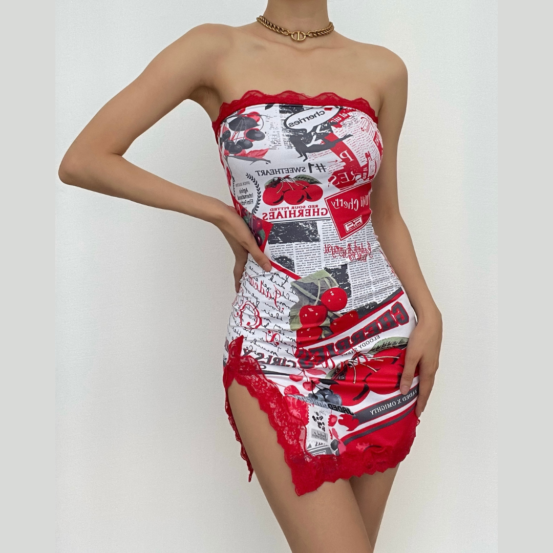 Newspaper Print Lace Trim Asymmetric Slit Tube Mini Dress