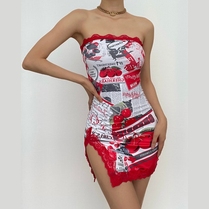 Newspaper Print Lace Trim Asymmetric Slit Tube Mini Dress