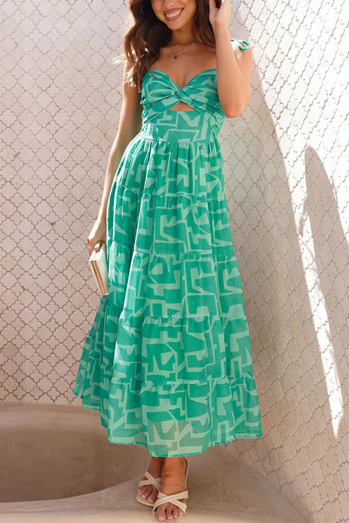 Tie Shoulder Twist Front Printed Midi Cami Dress