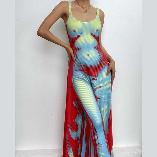 Body pattern u neck ruffle backless contrast cami maxi dress-final-sale