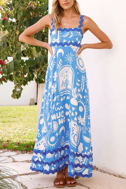 Meridress Ric Rac Trim Pocketed Unique Print Maxi Cami Dress