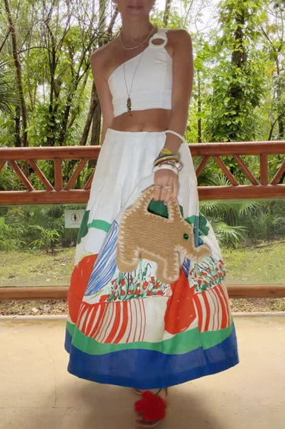 Mexican Night Linen Blend Unique Print Ring One Shoulder Top and Elastic Waist Pocket Maxi Skirt Set
