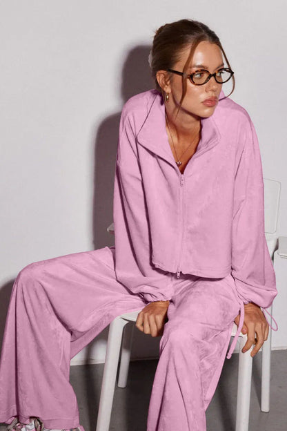 Vintage Drawstring Crop Top and Wide Leg Pants Two Piece Set