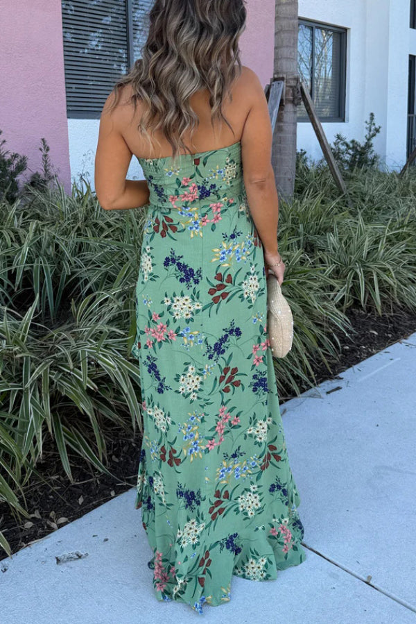 Botanical Print Off-shoulder Sleeveless Slim-fit High-slit Maxi Dress