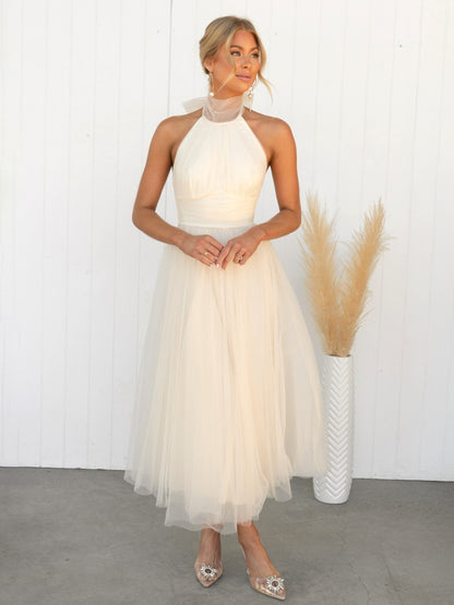 Tulle Midi Dress Halter Pleated Empire Waist Open Back Elegant Prom Dresses