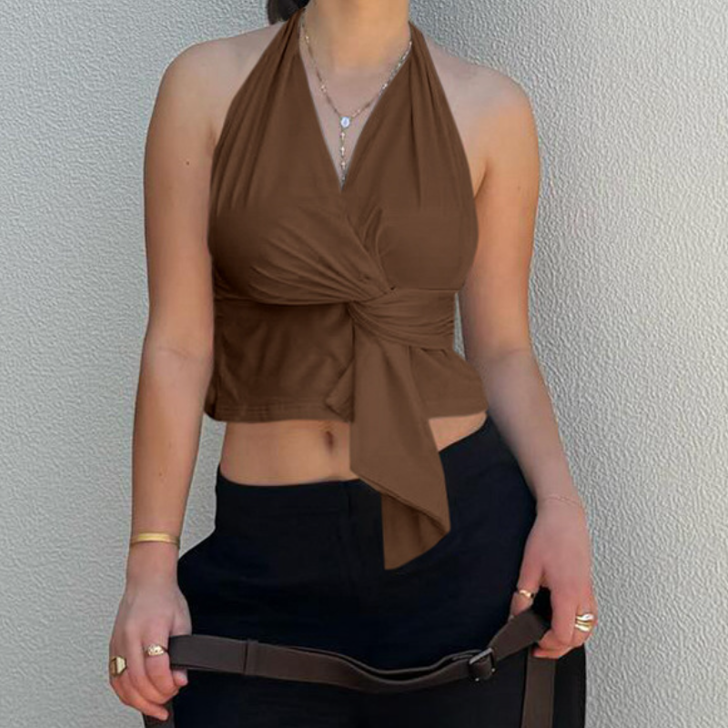 Halter v neck ruched backless top