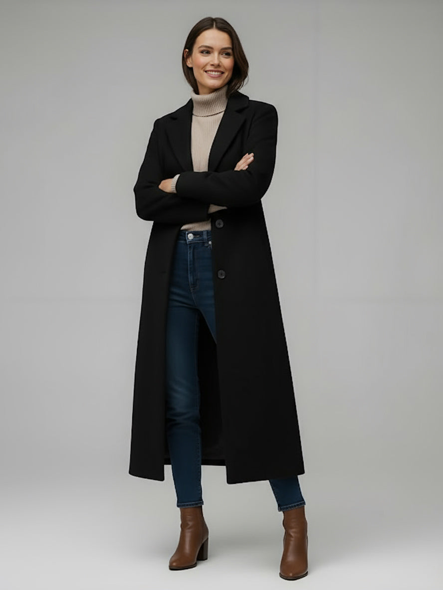 Woolen Long Straight Coat With Single-Breasted And Classic Notch Lapel For Women 2026