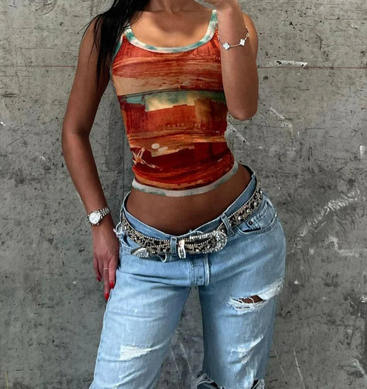 Gradient Print O-Neck Crop Top