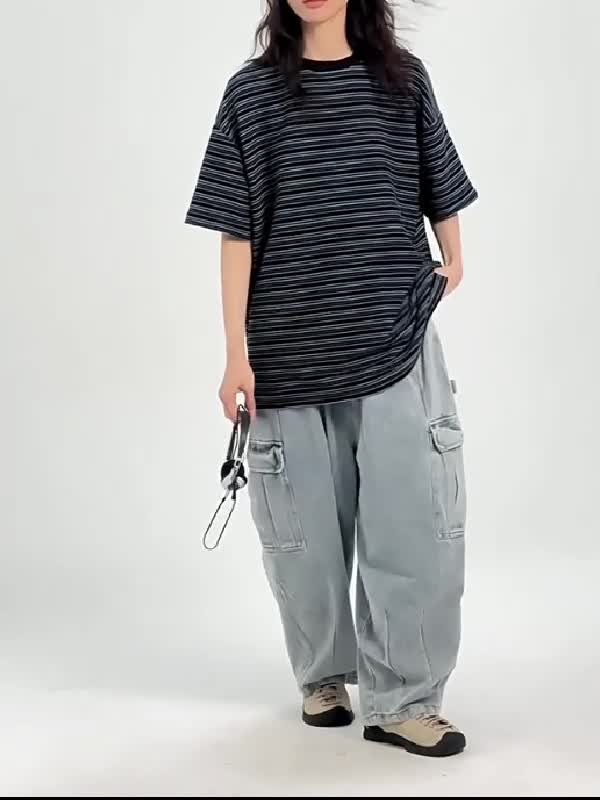 2000s Striped Print Oversized Short Sleeve Tee