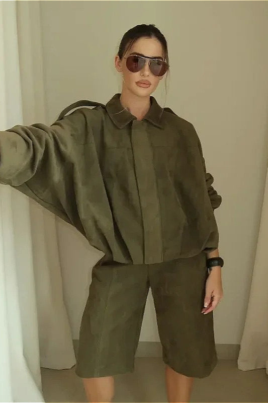 Shoulder-Buttoned Waist-Cinched Bomber Jacket