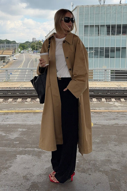 Minimalist Extra-Long Cotton Single-Breasted Lapel Overcoat