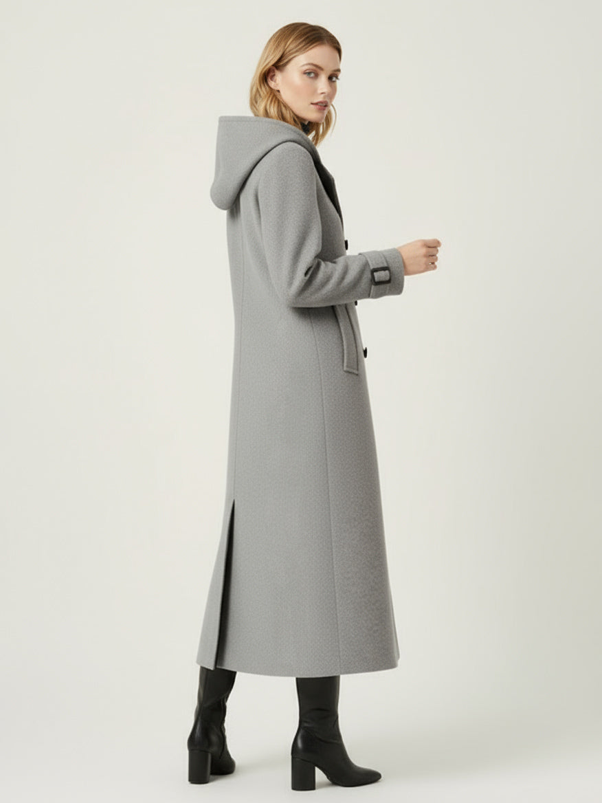 Hooded Double-Breasted Long Woolen Coat With Cuff Tabs For Women 2026