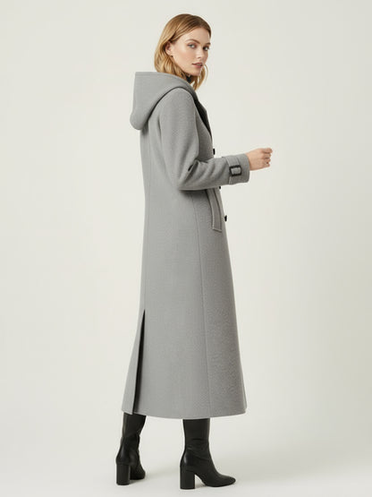 Hooded Double-Breasted Long Woolen Coat With Cuff Tabs For Women 2026