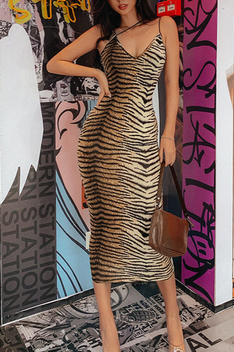 Sexy Animal Print V Neck Maxi Dress