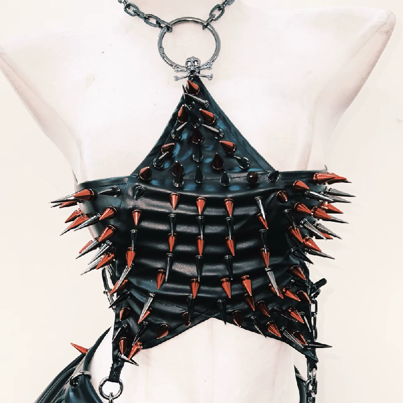 Halter metal chain o ring rivet applique mini skirt set