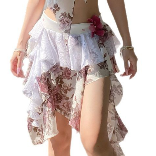 Flower print irregular mini skirt