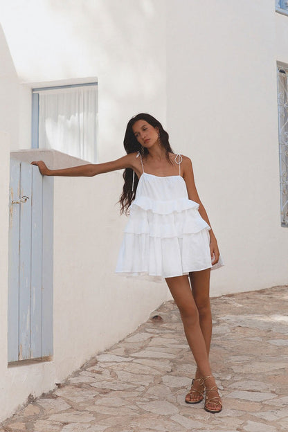 Tie Shoulder Tiered Ruffle Scoop Neck Babydoll Mini Dress