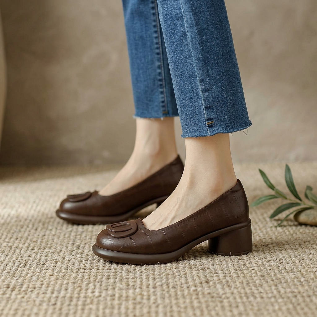 Women's Brown Closed-Toe Leather Shoes With Block Heels – Stylish Comfortable Footwear