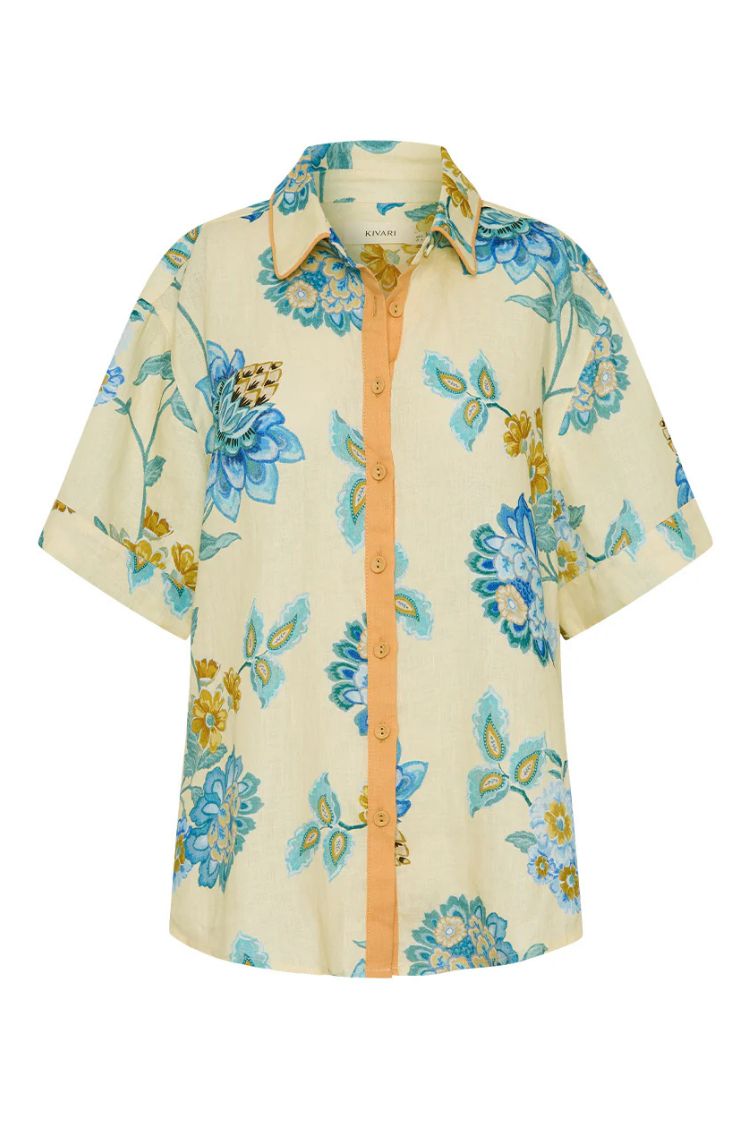 Giselle Linen Blend Floral Print Short Sleeve Shirt and Zipper Mini Skirt Set