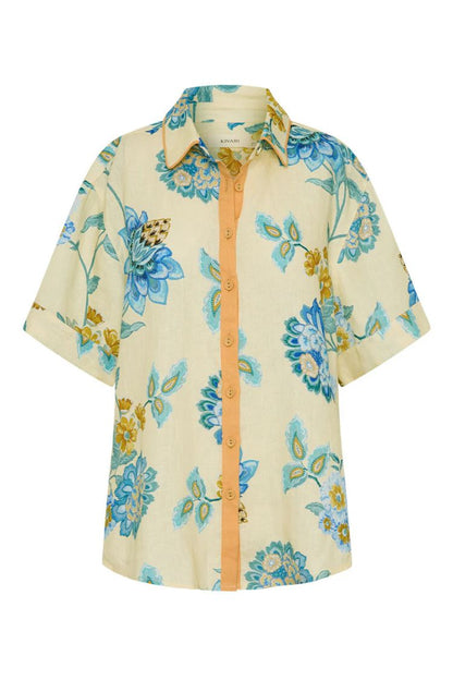 Giselle Linen Blend Floral Print Short Sleeve Shirt and Zipper Mini Skirt Set