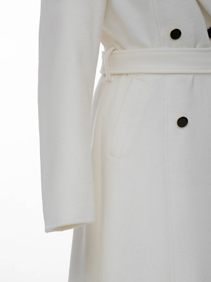 White Longline Woolen Coat Notched Lapel Double Breasted Belted Winter Full Length Outerwear For Women 2026