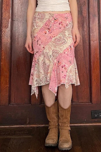 Pink Floral Print Asymmetric Bodycon Skirt