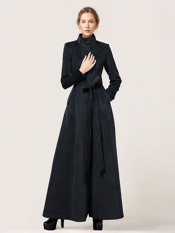 Long Wool Blend Coat Stand collar Belted Warm Classic Full-length Winter Outerwear For Women 2026