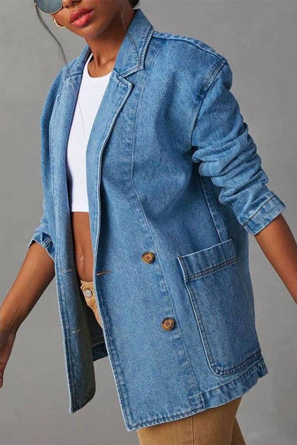Notch Lapel Button Front Pocketed Denim Blazer