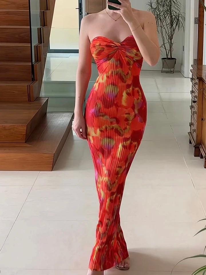 Printed Pleated Bandeau Tube Maxi Dress