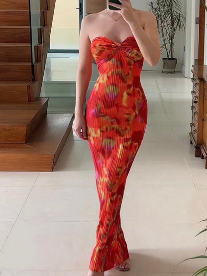 Printed Pleated Bandeau Tube Maxi Dress