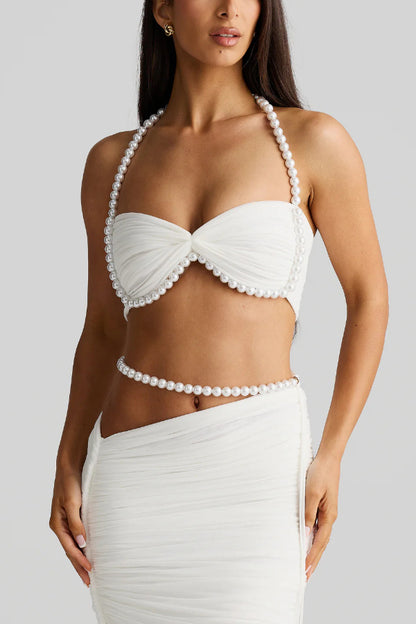Imalia Stretch Mesh Pearl Trim Gathered Tank and  Detachable Belt Vacation Maxi Skirt Set
