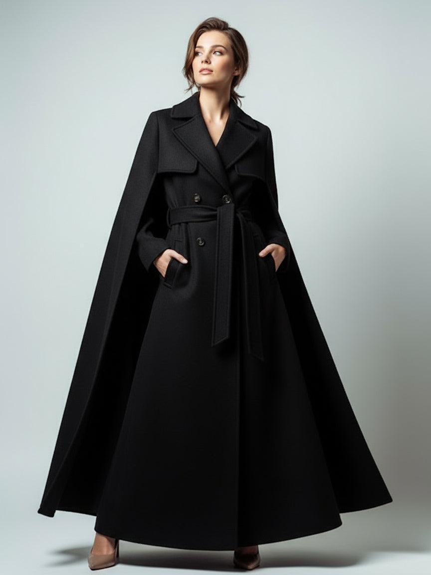 Maxi Double-breasted Woolen Coat With Detachable Cape And Belt For Women 2026
