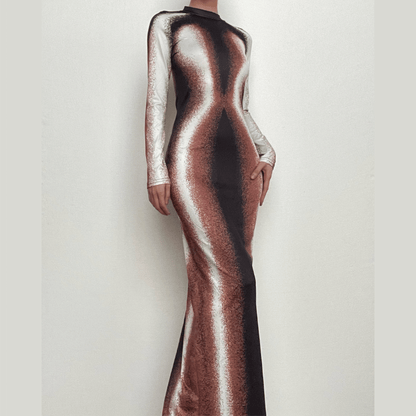 Contrast high neck long sleeve slit maxi dress