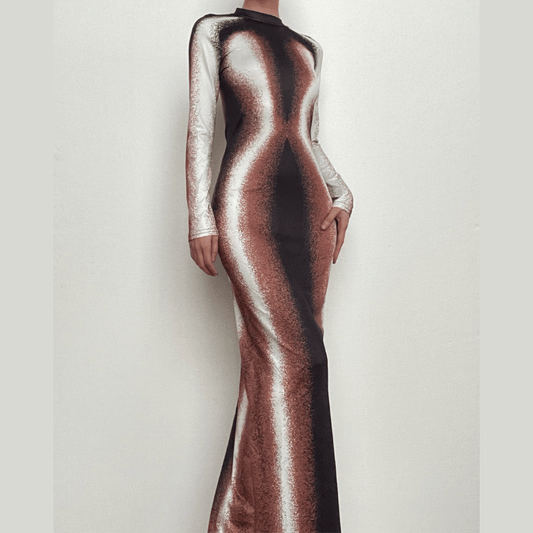 Contrast high neck long sleeve slit maxi dress