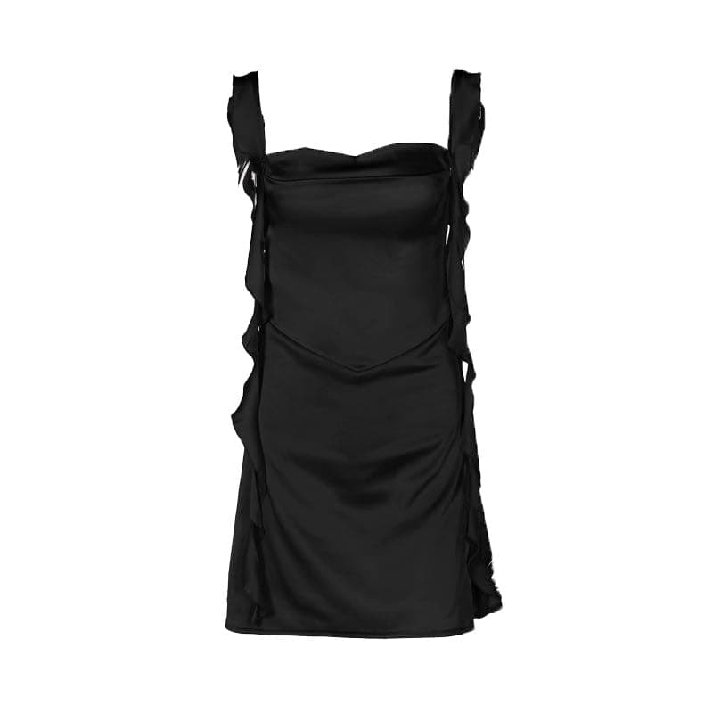 Cowl neck ruffle satin ruched cami mini dress