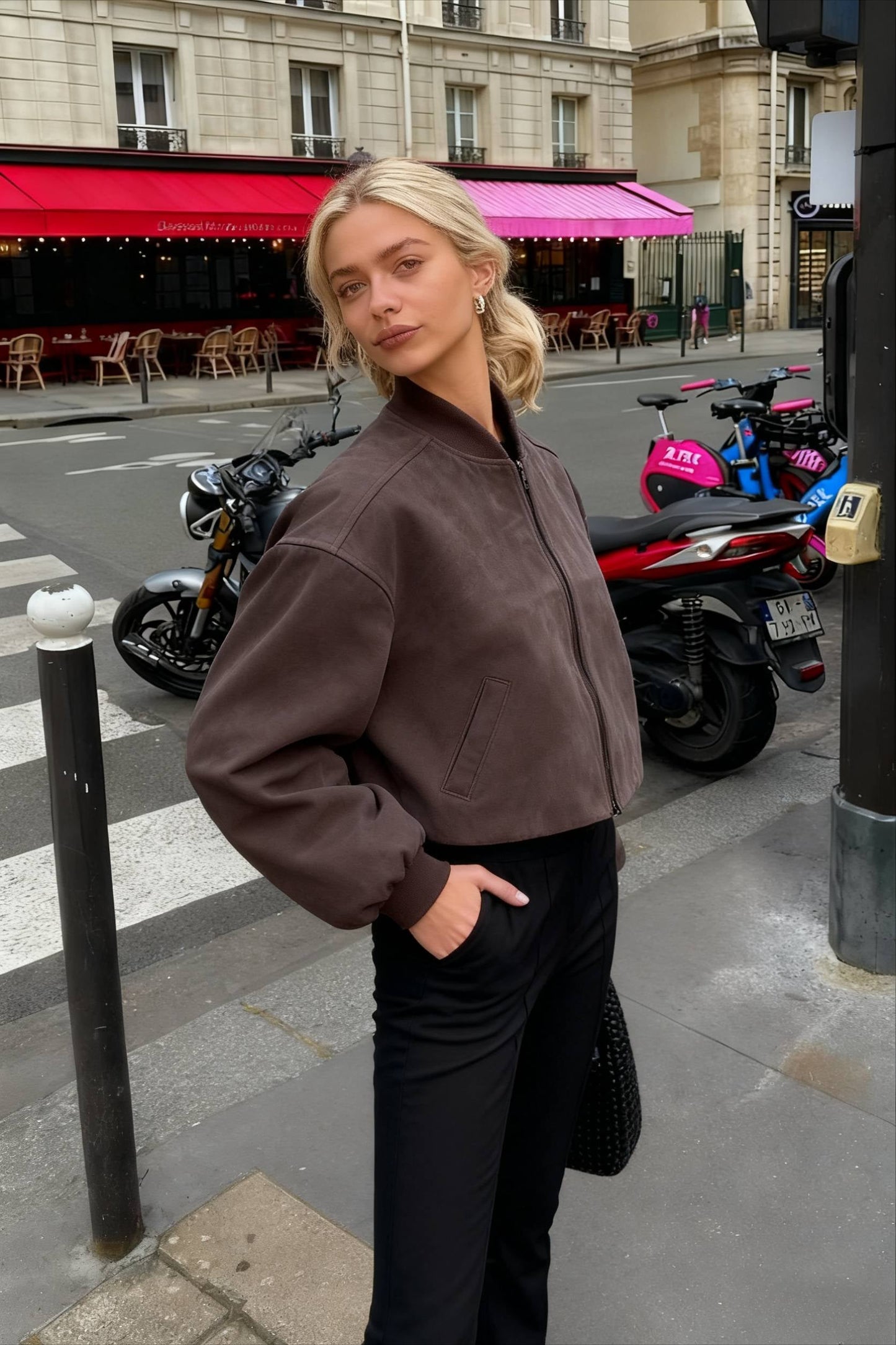 Retro Gray Suede Pilot Stand Collar Zip Jacket