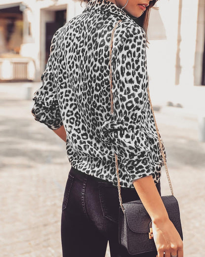 Women's Leopard Print Button-Up Blouse – Long Sleeve Stylish Top