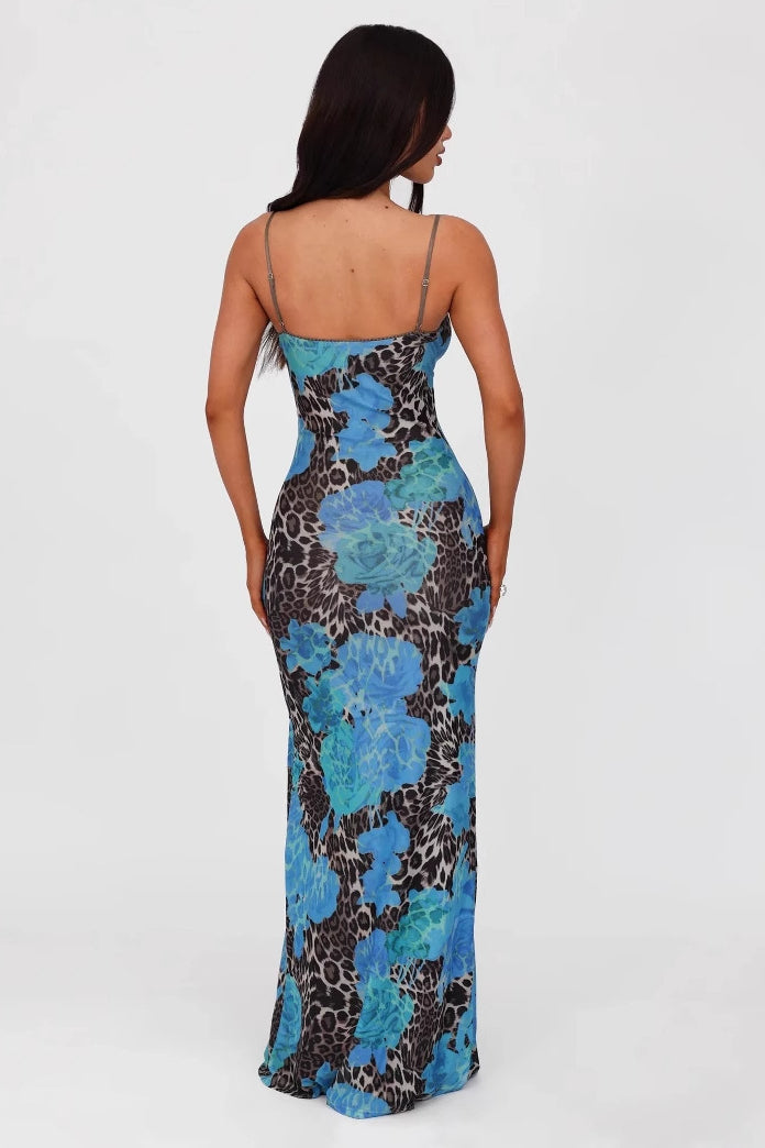 V Neck Printed Colorblock Backless Maxi Dress