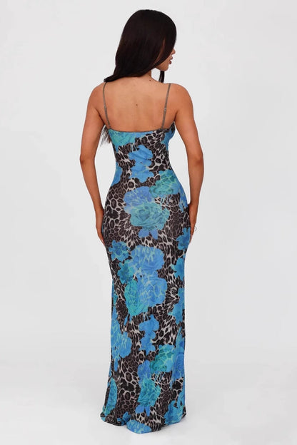 V Neck Printed Colorblock Backless Maxi Dress