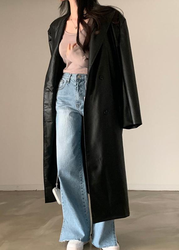 Retro Black PU Leather Trench Coat - Double-Breasted Chic