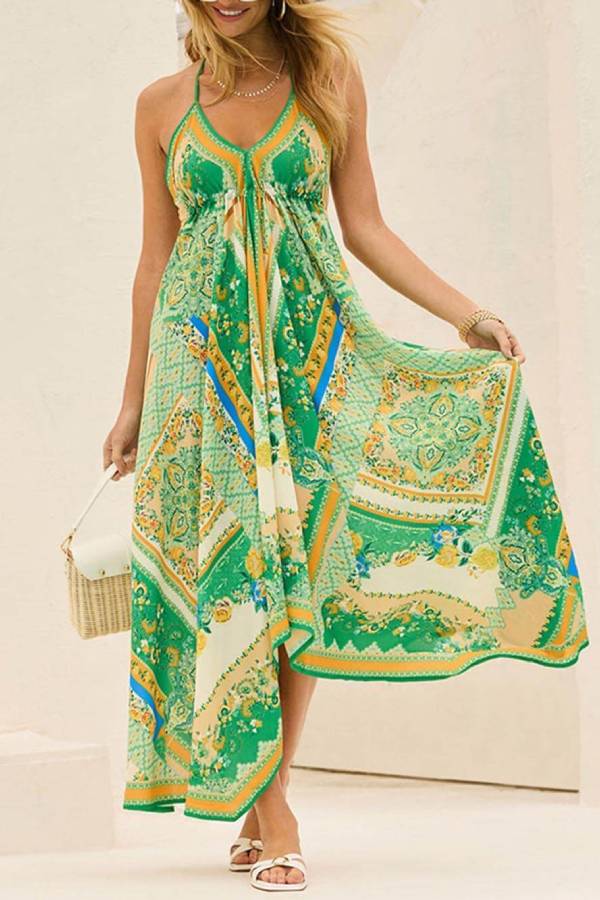 Elegant Off-Shoulder V-Neck Suspender Print Swing Dress