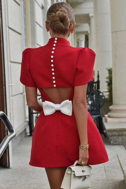 Mandarin Collar Button Back Cut Out Bow Waist Tulip Sleeve Mini Dress