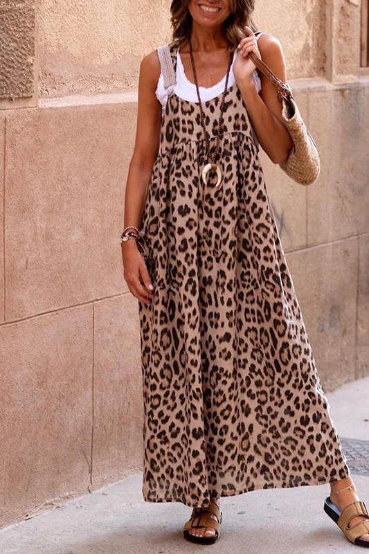 Cool Leopard Print Patchwork Suspender Maxi Dress