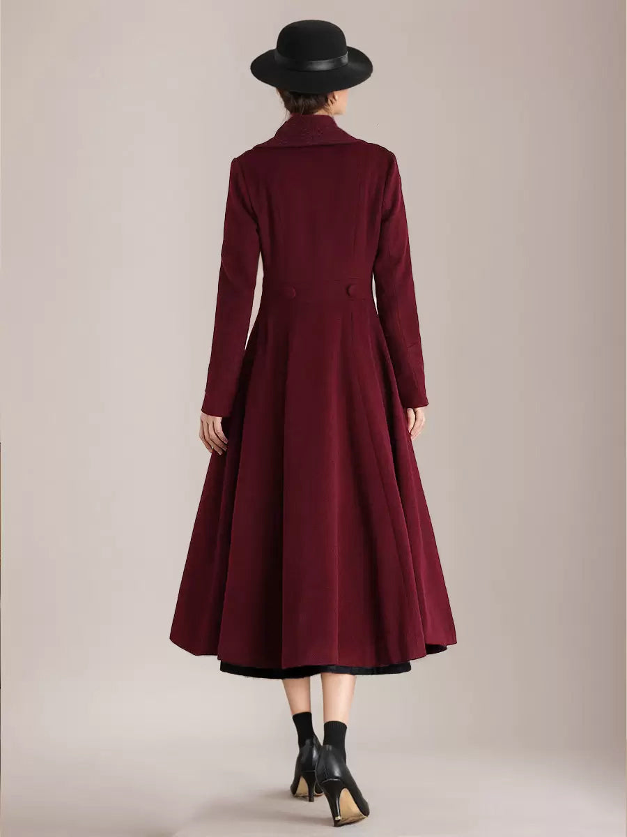 Burgundy Woolen Flared Coat Vintage Shawl Collar Double-breasted Winter A-line Outerwear For Women 2026